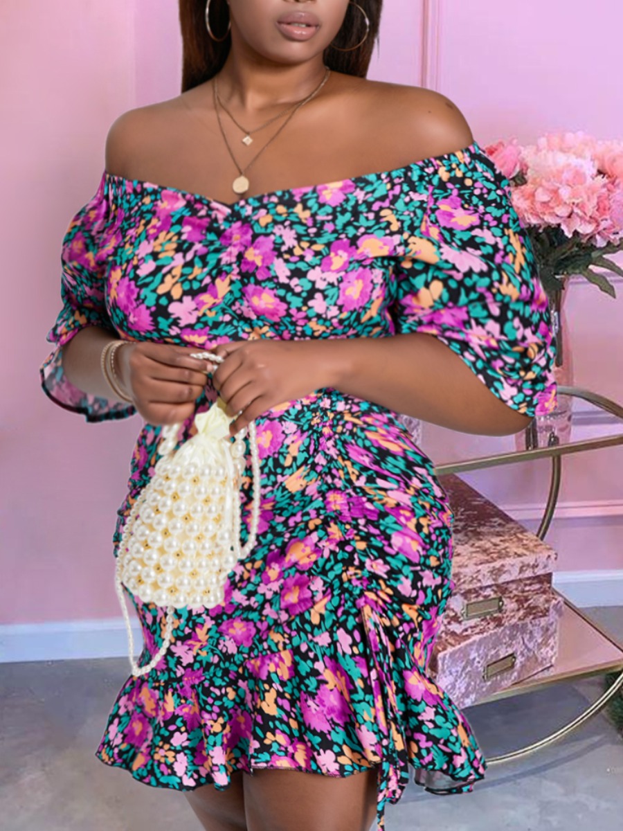 

Lovely Sweet Floral Print Flounce Design Drawstring Purple Mini Plus Size Dress
