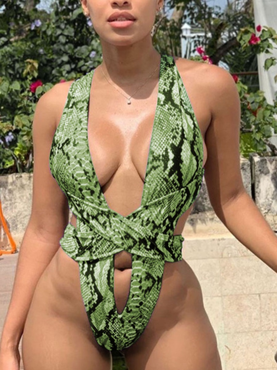 

Lovely Boho Cobra Print Bandage Hollow-out Design Green One-piece Swimsuit