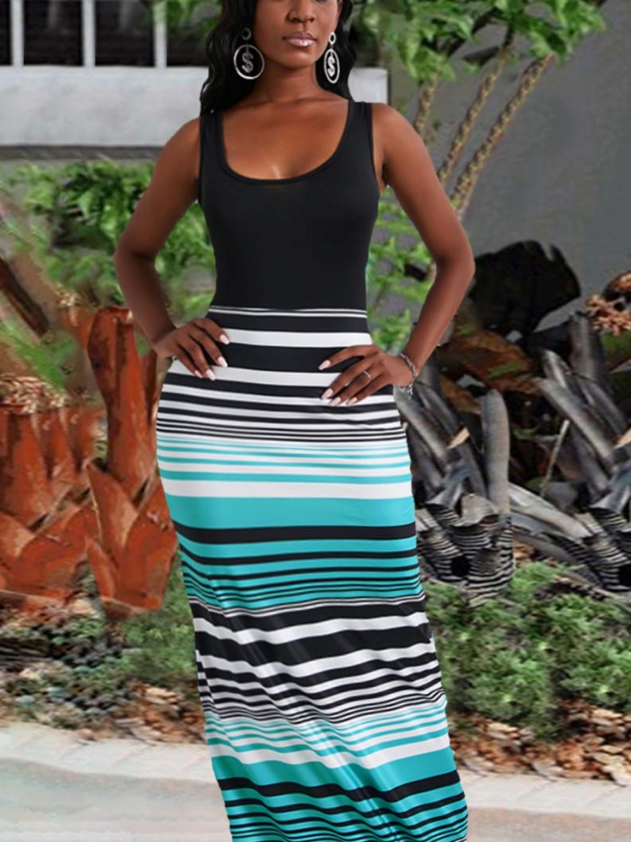 

LW Casual Striped Patchwork Baby Blue Maxi Dress
