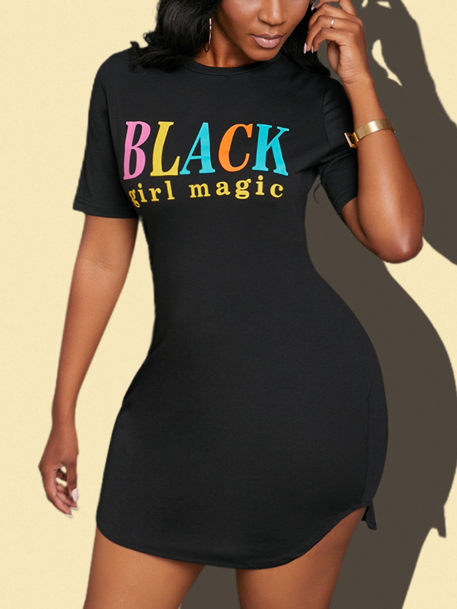 LW Leisure O Neck Letter Print Black Mini Dress