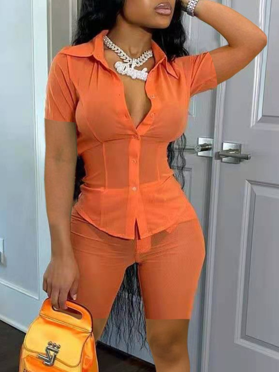 

Lovely Casual Turndown Collar Button Design Croci Two Piece Shorts Set