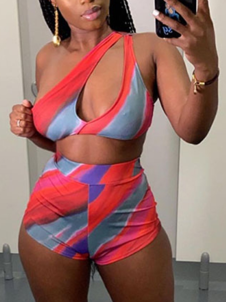 

Lovely Boho One Shoulder Hollow-out Striped Multicolor Two-piece Swimsuit, Multi