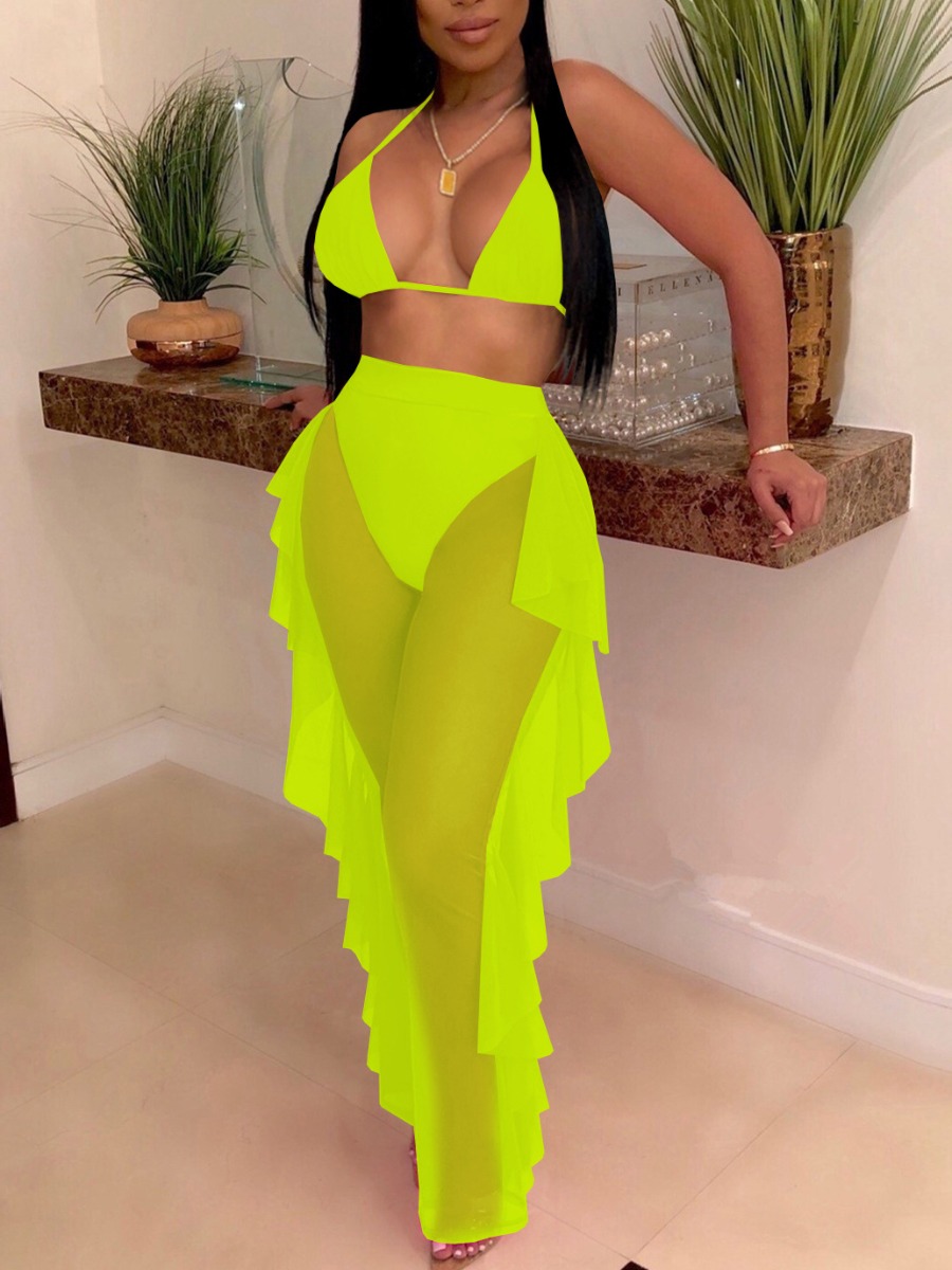 

LW Boho See-through Flounce Design Green Two-piece Swimsuit