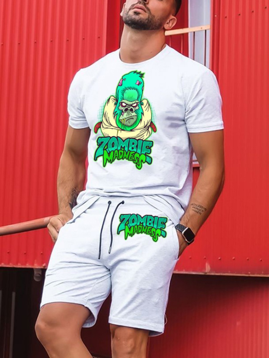 

Lovely Men Casual Cartoon Letter Print White Two Piece Shorts Set