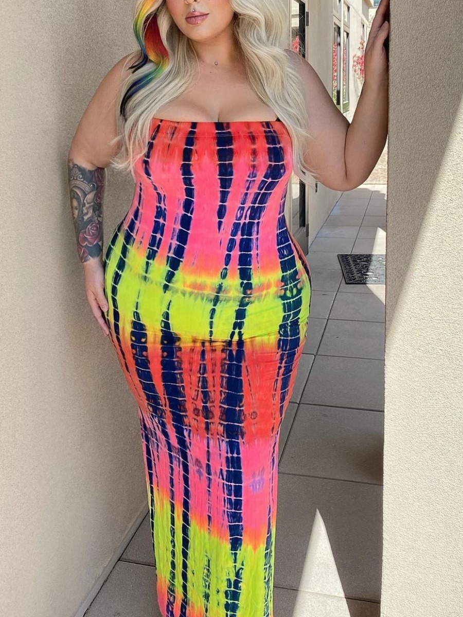 

Lovely Plus Size Street Tie-dye Pink Ankle Length Dress