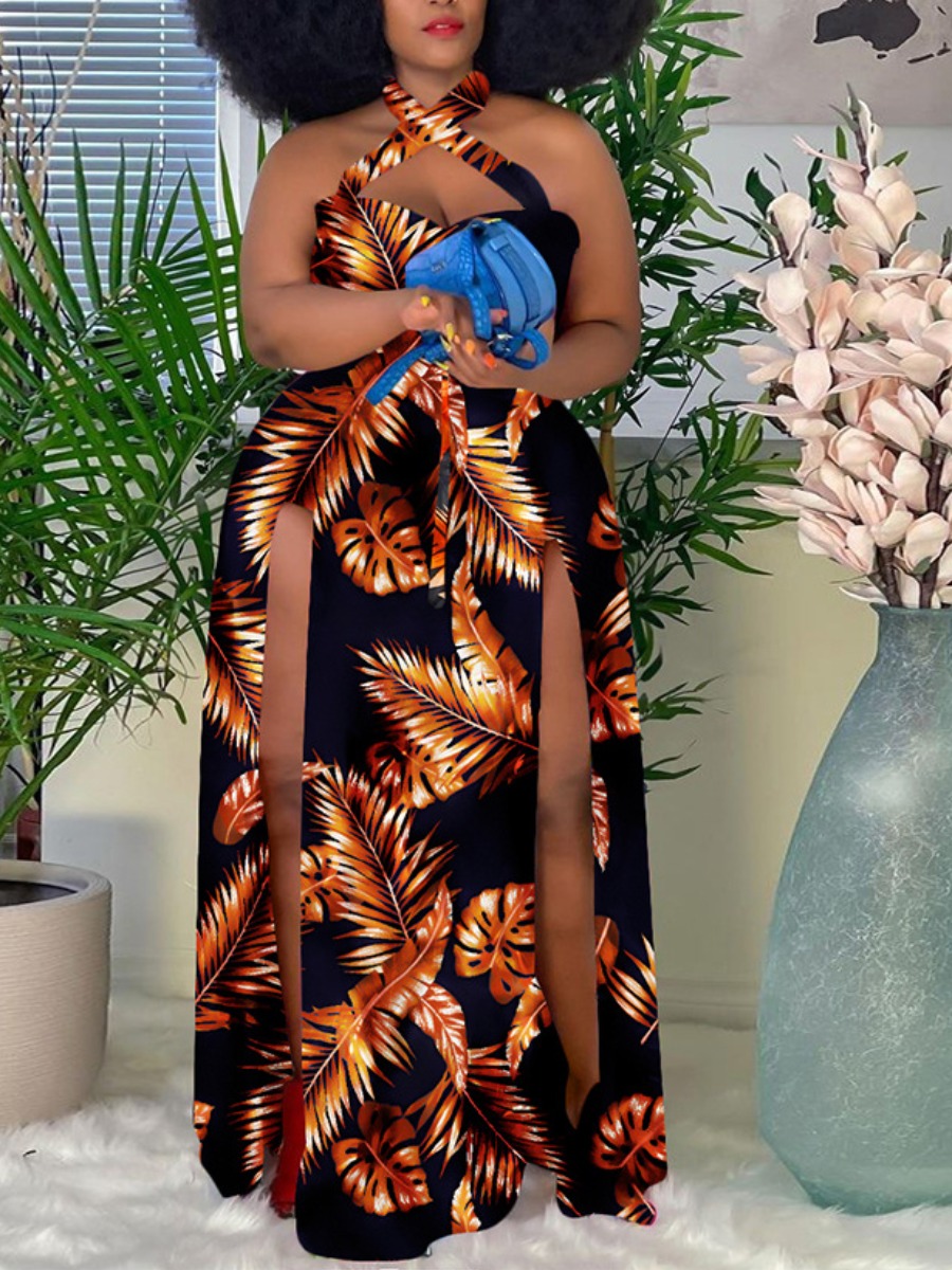 

Lovely Plus Size Boho Floral Print Split Croci Floor Length Dress