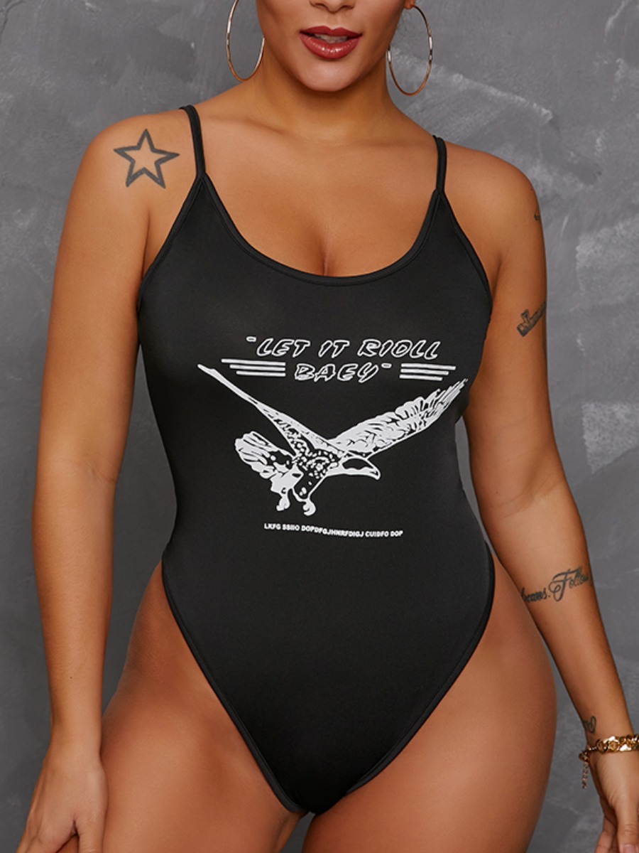 

Lovely Casual Bird Letter Print Black Bodysuit