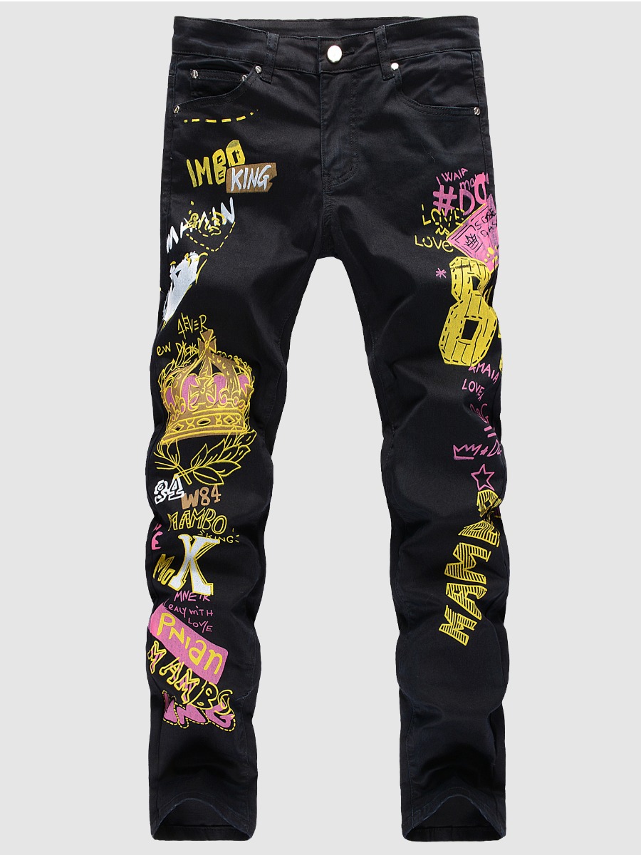 

LW Men Stretch Denim Mid Waist Graffiti Jeans, Black