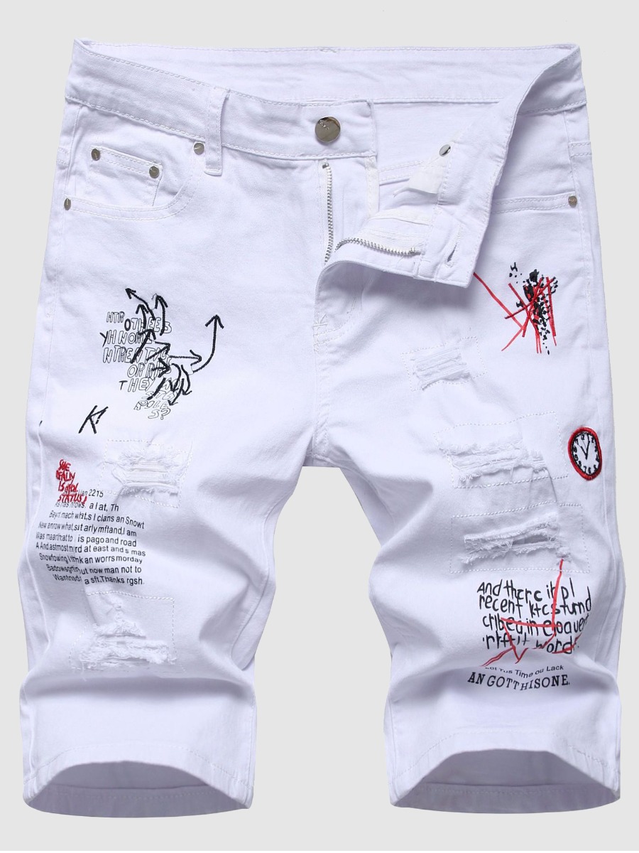 

Lovely Men Street Mid Waist Letter Print White Denim Shorts