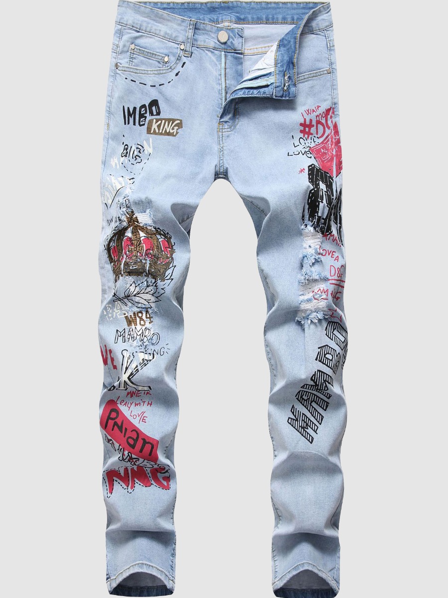 

Lovely Men Street Graffiti Print Ripped Blue Jeans