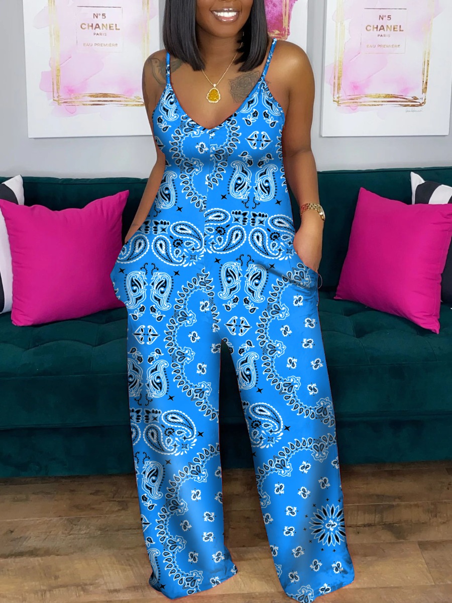 

Lovely Casual V Neck Cashew Print Acid Blue One-piece Jumpsuit