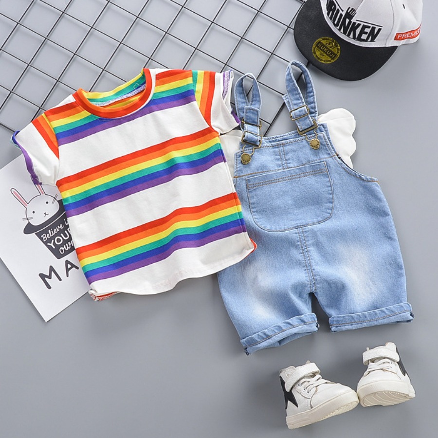 

Lovely Girl Casual Rainbow Striped Overall Red Two Piece Pants Set