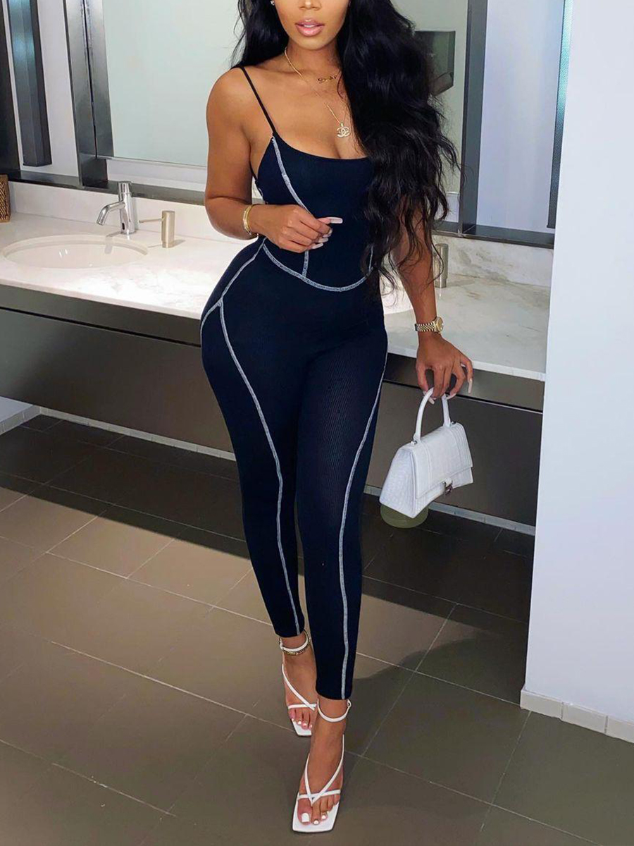 

Lovely Casual Striped Basic Skinny Black One-piece Jumpsuit