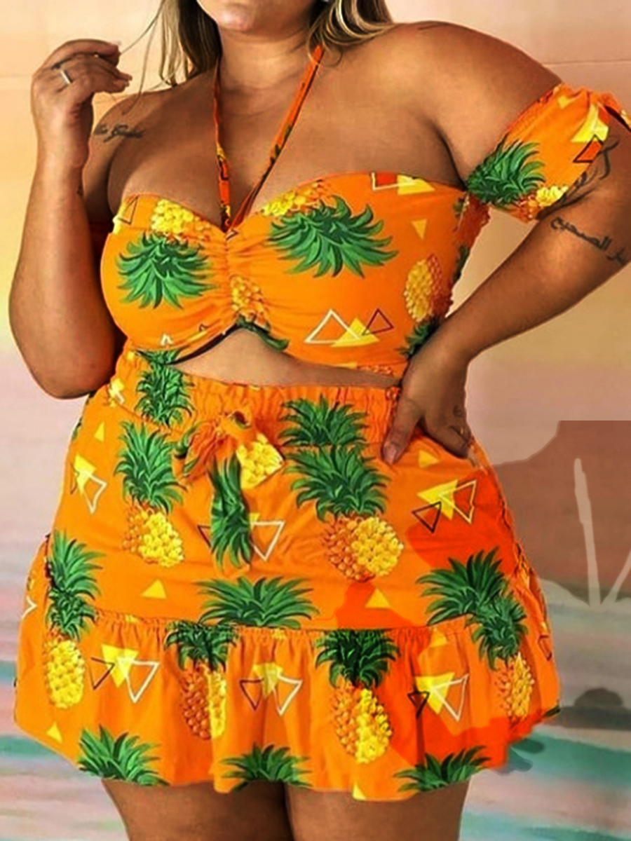 

Lovely Plus Size Boho Fruit Print Flounce Design Yellow Two-piece Skirt Set