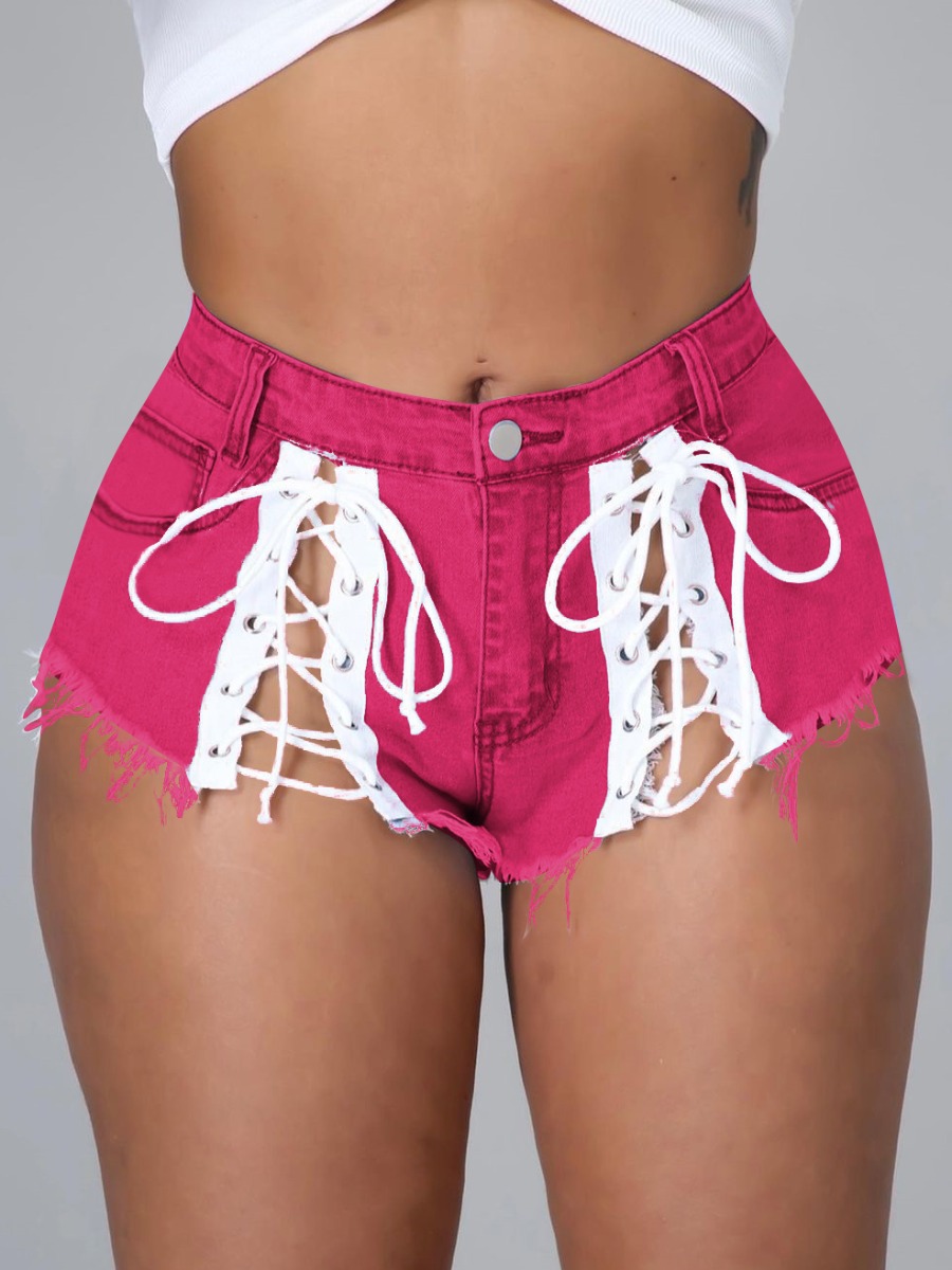 

LW Street Bandage Hollow-out Design Rose Red Denim Shorts