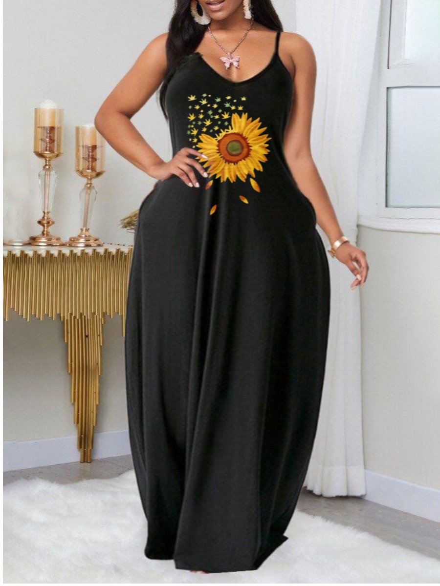 

Lovely Plus Size Casual U Neck Floral Print Black Floor Length Dress