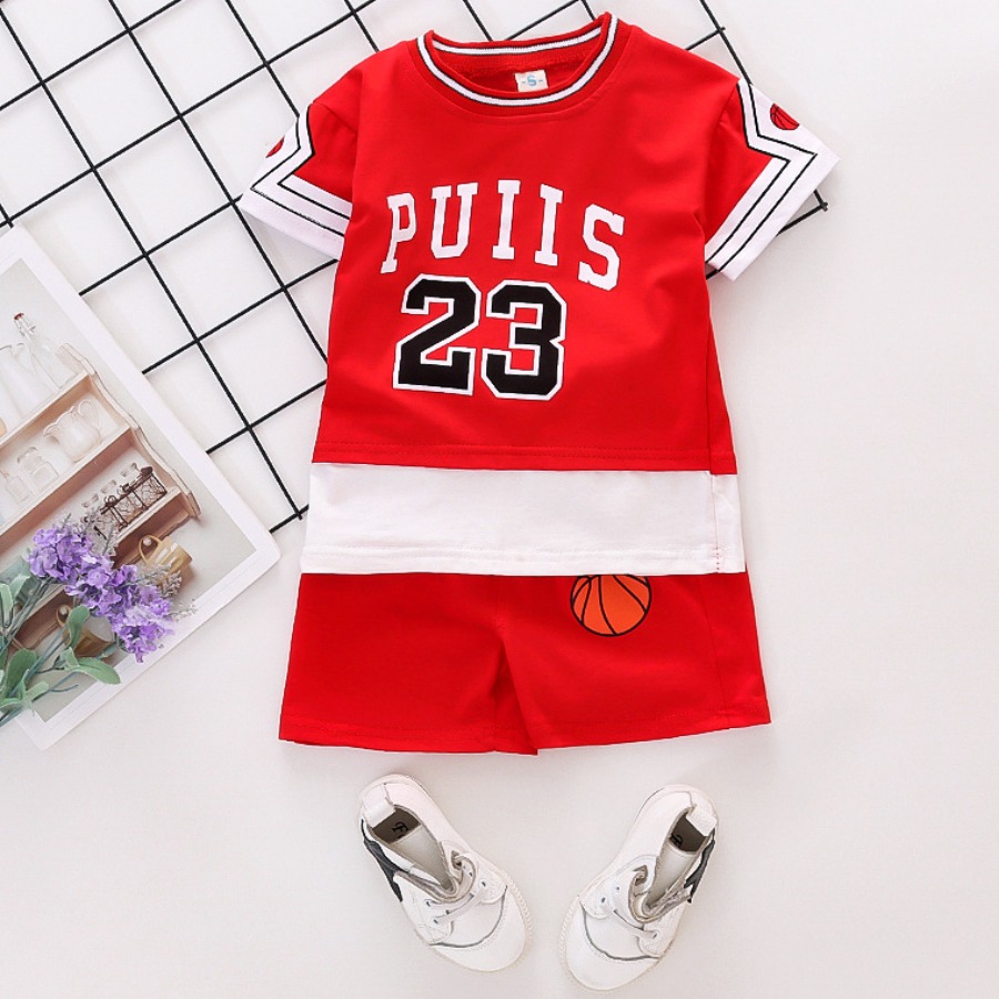 

Lovely Boy Sporty Letter Print Striped Red Two Piece Shorts Set