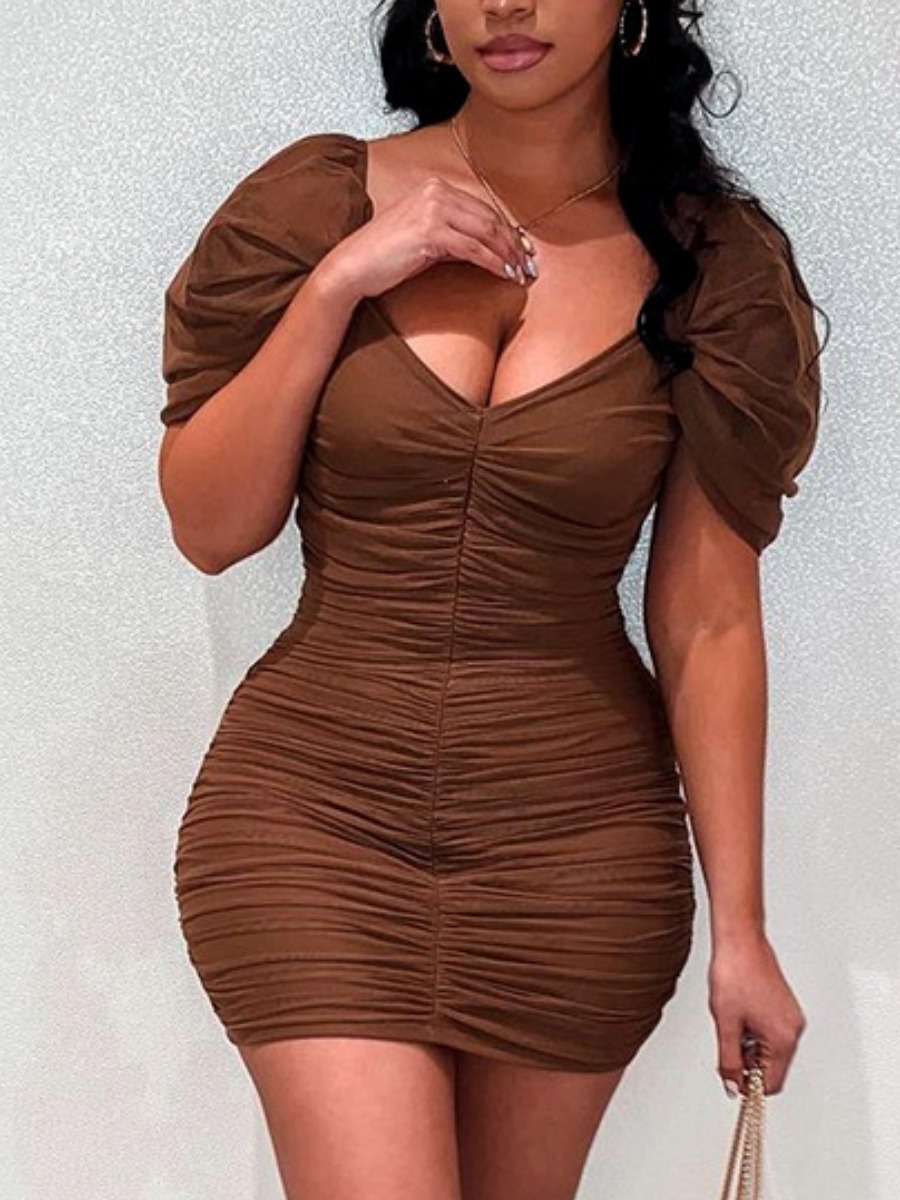 

Lovely Casual Ruched Ruffle Design Brown Mini Dress