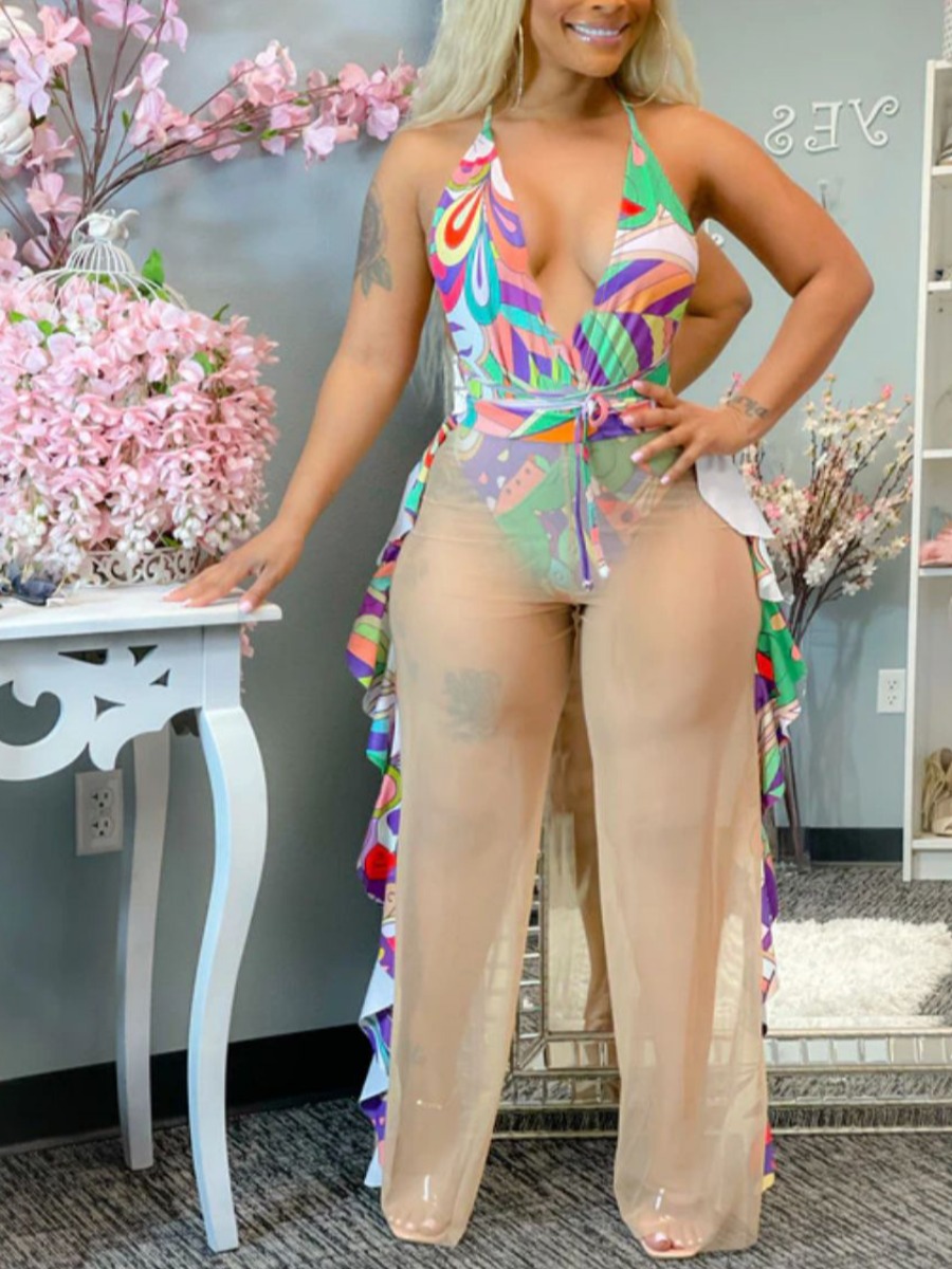 

Lovely Boho Backless See-through Flounce Design Green Two Piece Pants Set