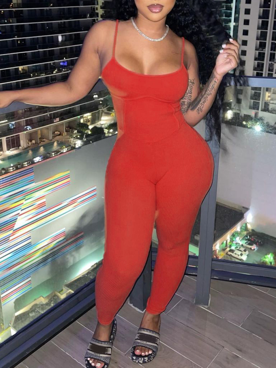 

Lovely Casual Spaghetti Strap Rib-Knit Jacinth One-piece Jumpsuit