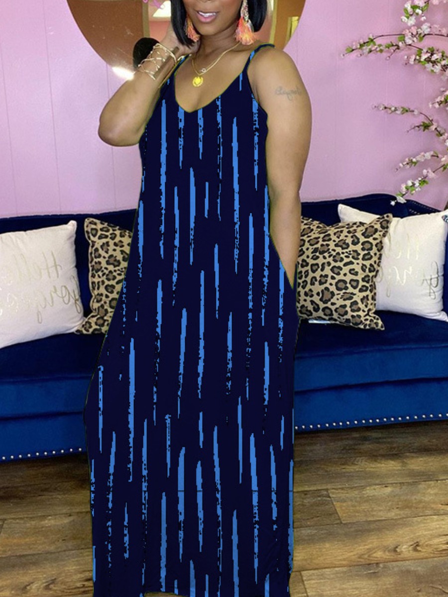 

Lovely Casual V Neck Striped Dark Blue Floor Length Dress