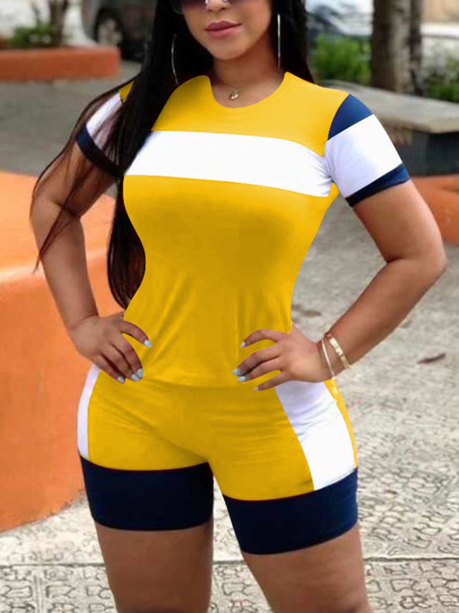 

Lovely Plus Size Street O Neck Color-lump Yellow Two-piece Shorts Set