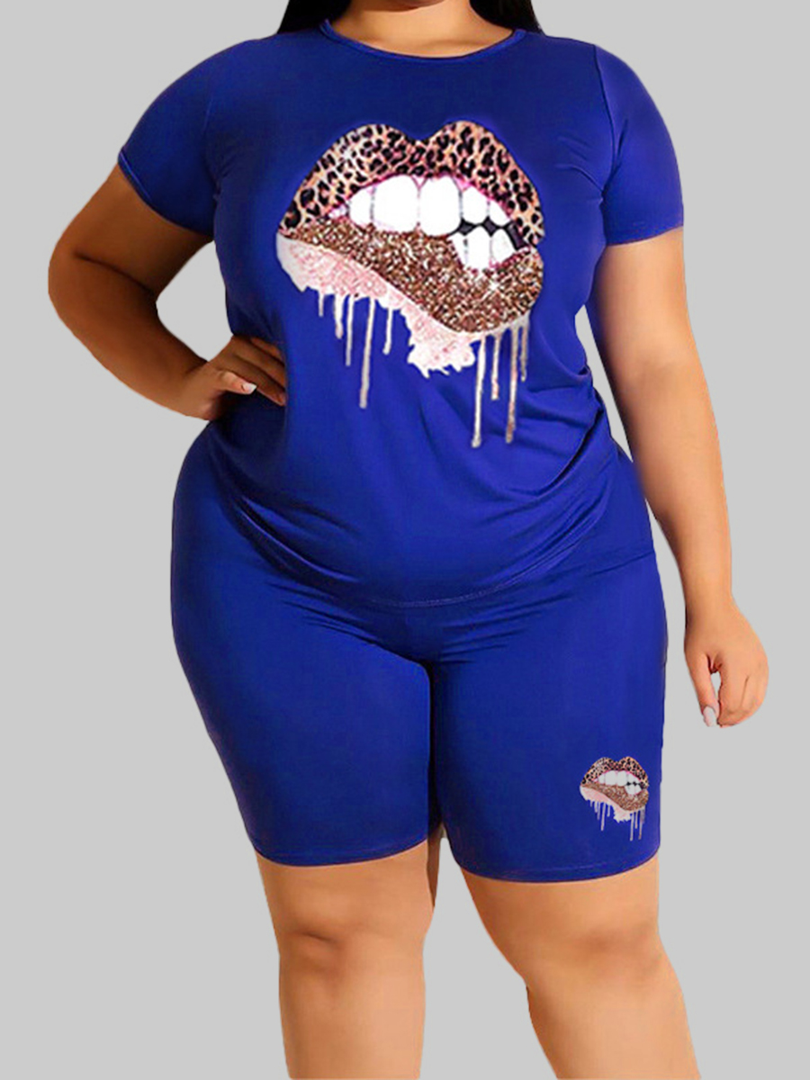 

Lovely Plus Size Sporty O Neck Lip Print Blue Two-piece Shorts Set