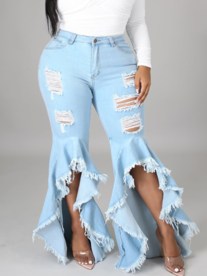 

LW Plus Size Sweet Ripped Flared Flounce Design Baby Blue Jeans
