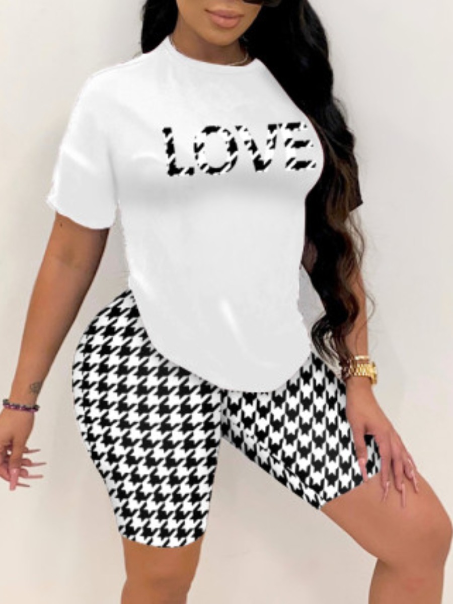 

LW BASICS Plus Size Casual Letter Plaid Print White Two-piece Shorts Set