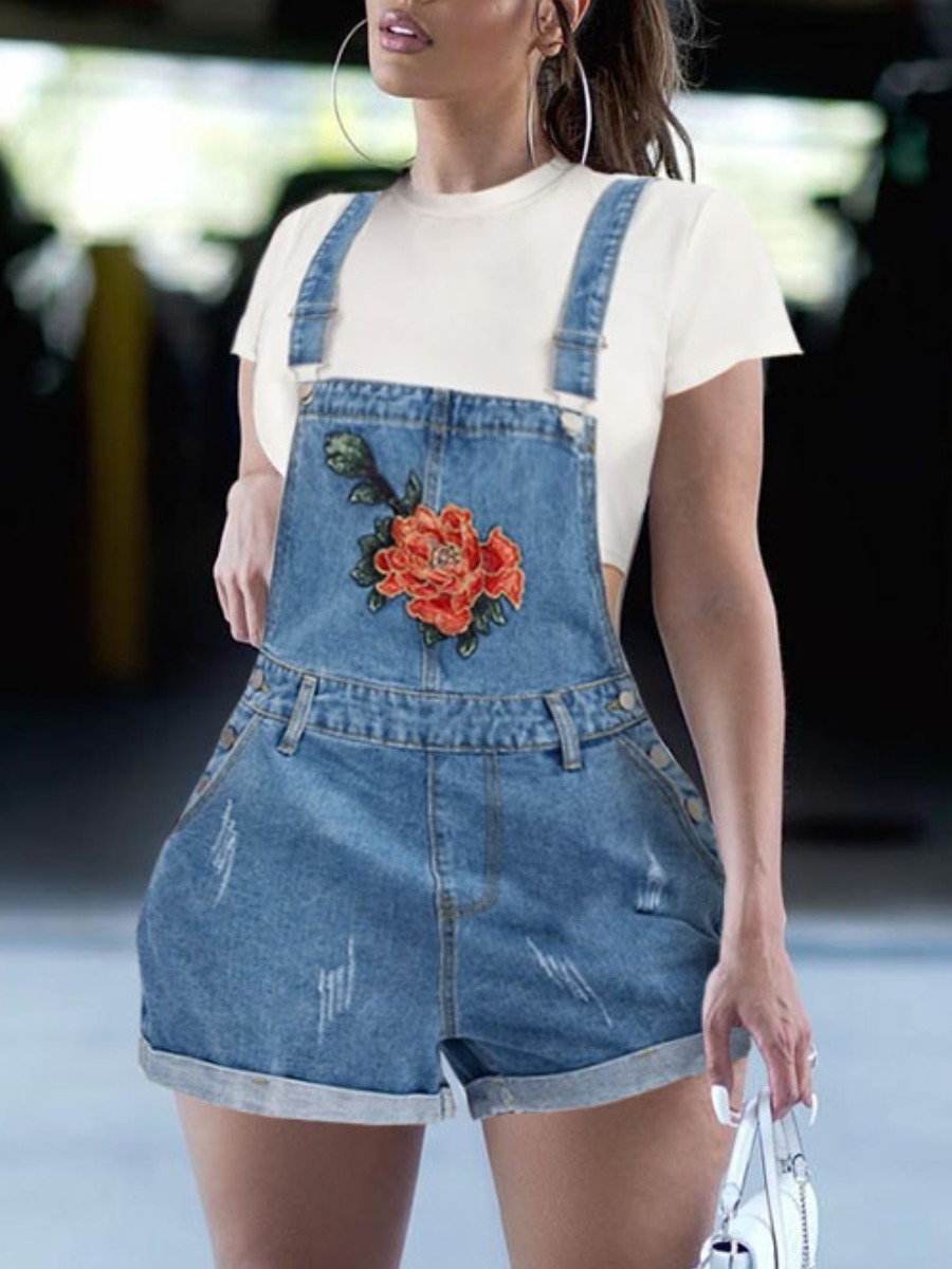 

LW Casual Floral Decoration Overall Blue Denim Shorts