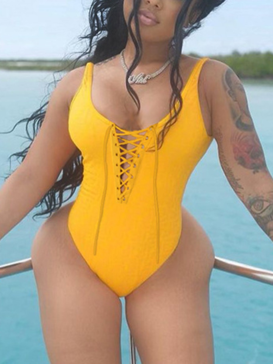 

Lovely Boho U Neck Bandage Design Yellow One-piece Swimsuit
