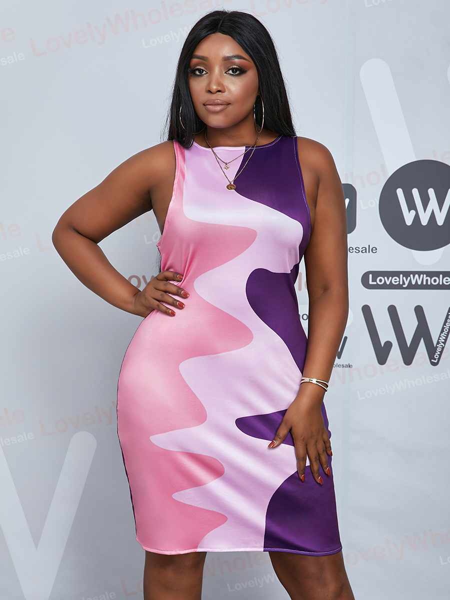

Lovely Plus Size Street O Neck Color-lump Pink Mini Dress