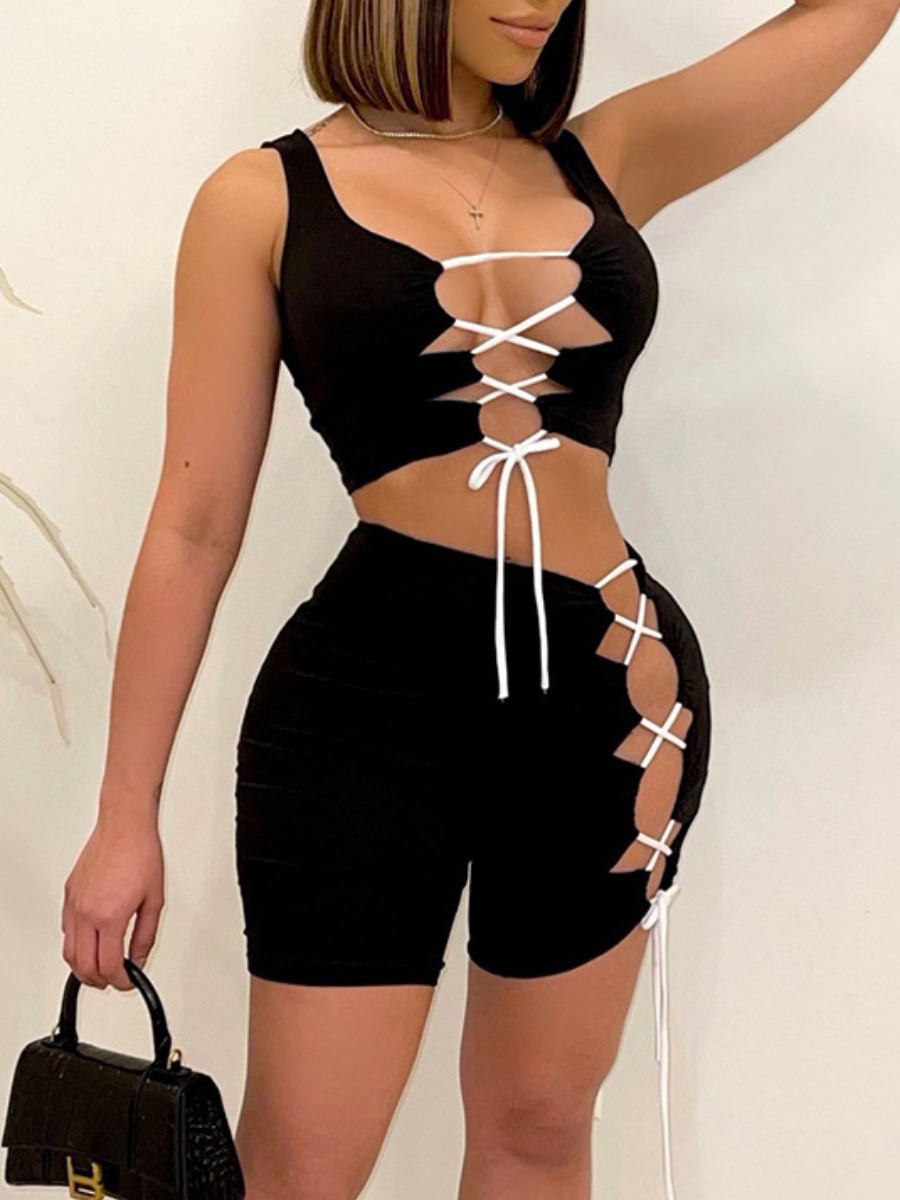 

Lovely Street Bandage Hollow-out Design Black Two Piece Shorts Set