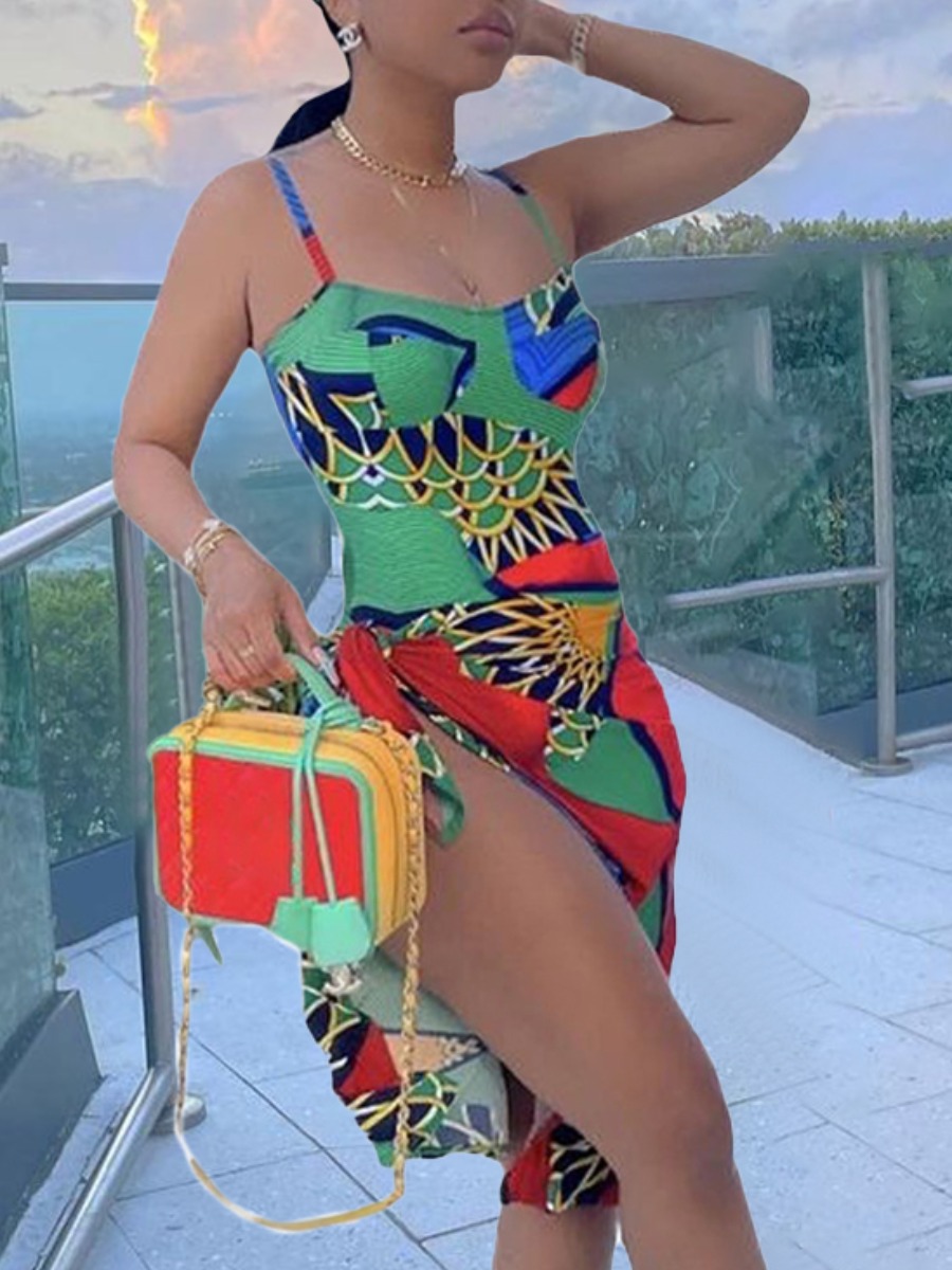 

Lovely Boho Print Patchwork Green One-piece Swimsuit (With Cover-up)
