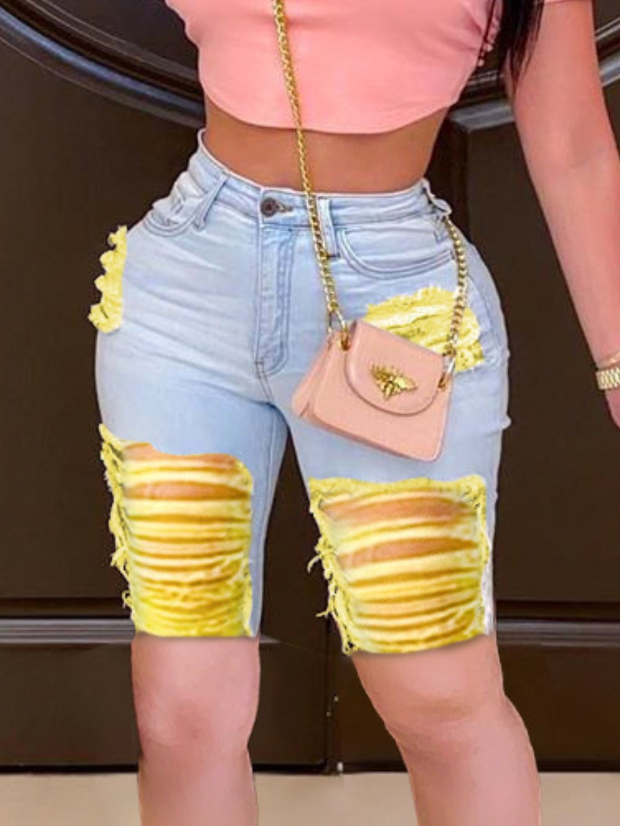 

Lovely Street High-waisted Ripped Yellow Denim Shorts