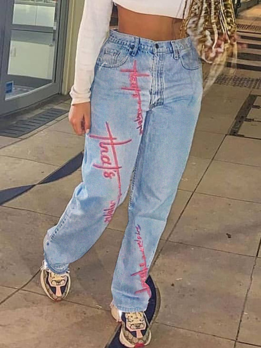 

Lovely Casual Letter Print Nonelastic Baby Blue Jeans