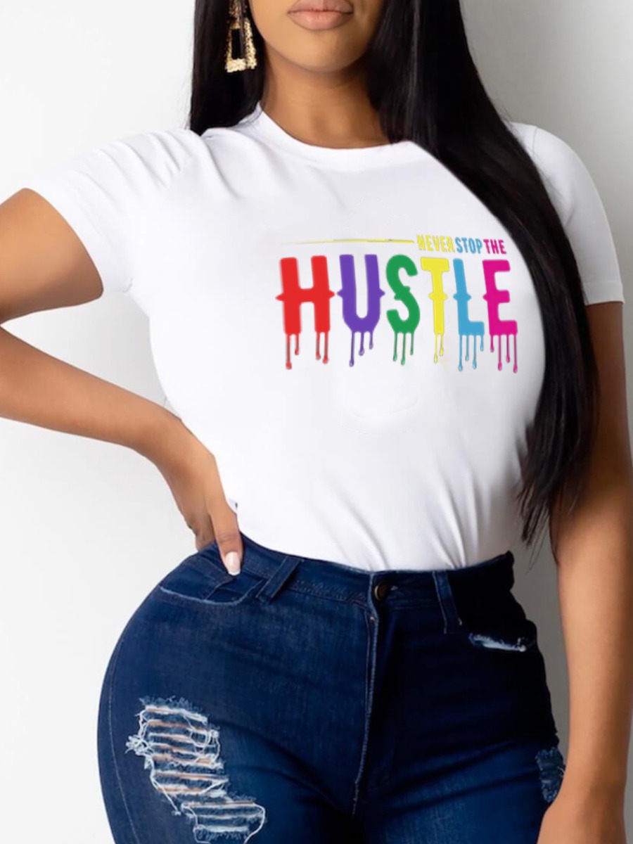 

LW Round Neck Letter Print T-shirt, White