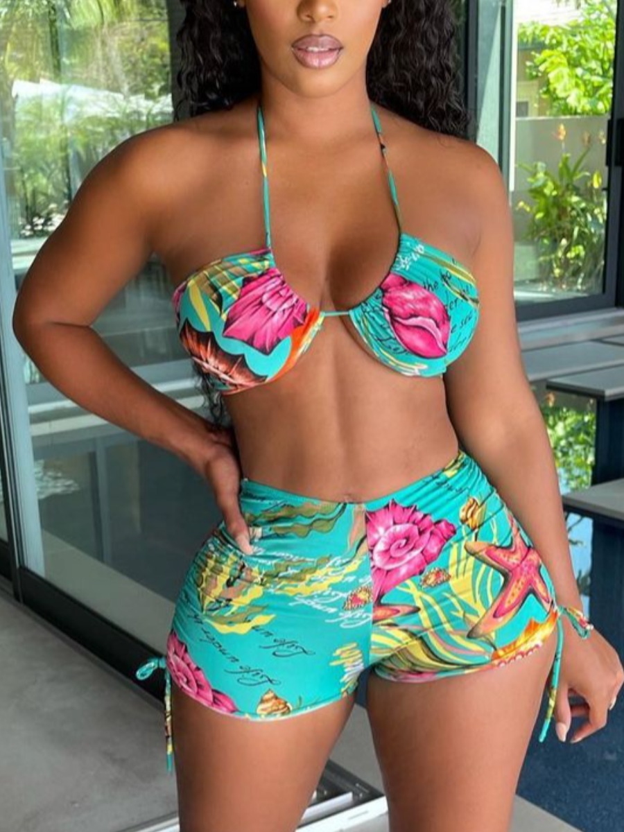 

Lovely Boho Floral Print Drawstring Green Two-piece Swimsuit