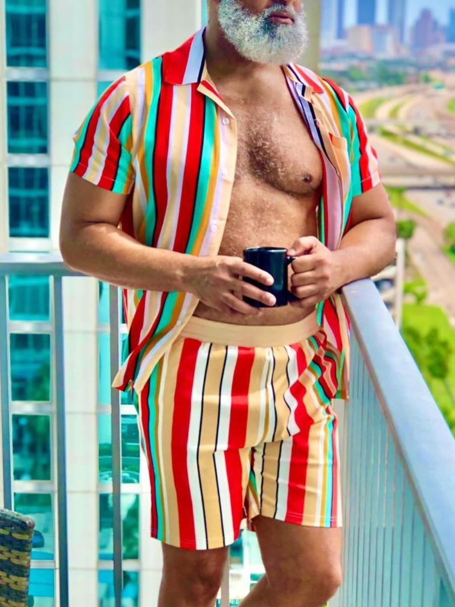 

LW BASICS Men Casual Turndown Collar Striped Multicolor Two Piece Shorts Set, Multi