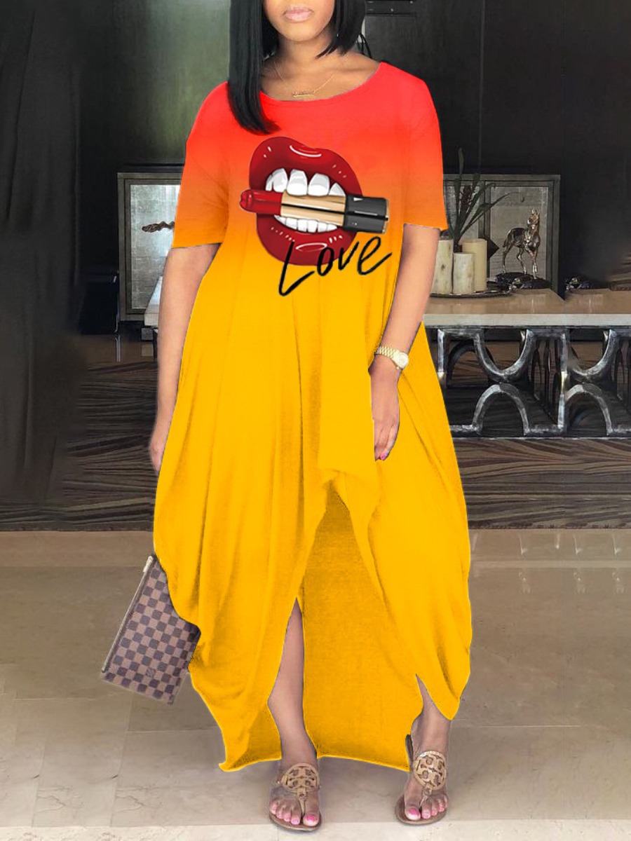 

LW Street Gradient Lip Print Yellow Floor Length Asymmetrical Dress
