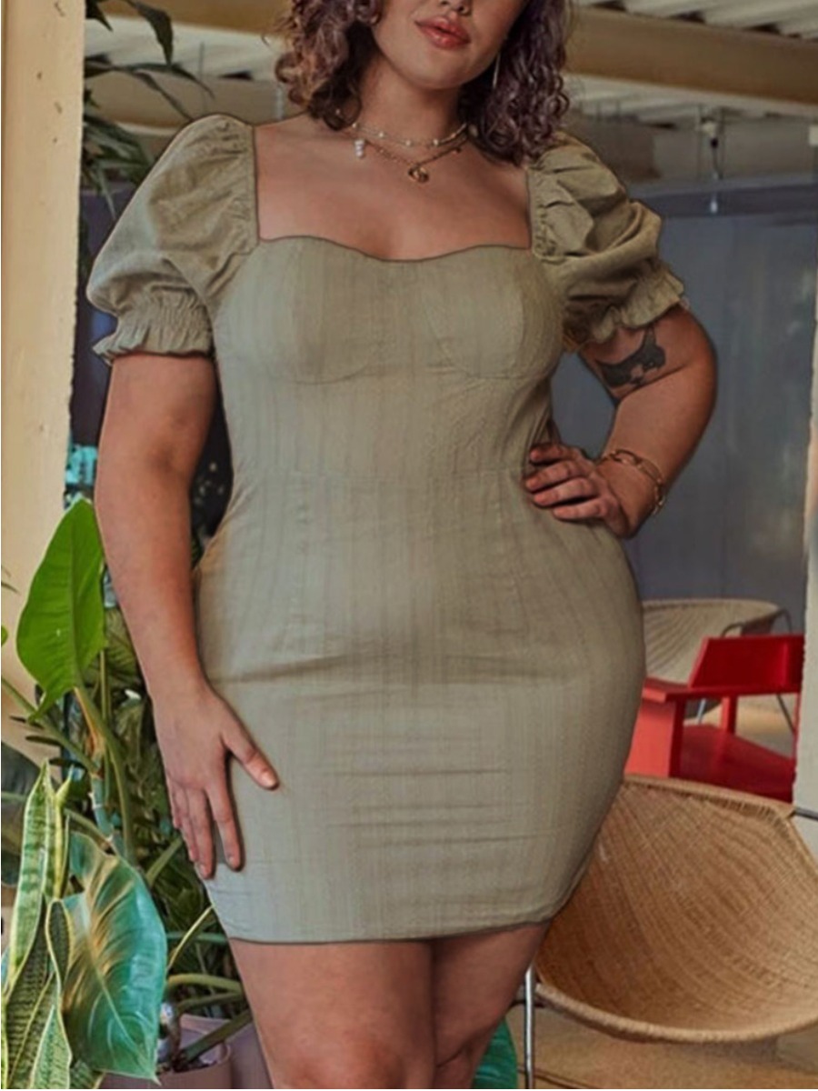 

LW BASICS Plus Size Casual Square Neck Ruffle Design Light Green Mini Dress