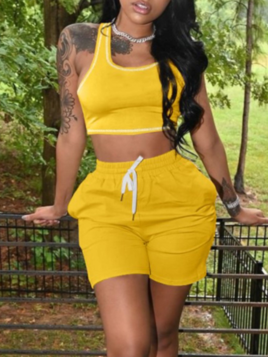 

Lovely Sporty U Neck Drawstring Yellow Two Piece Shorts Set