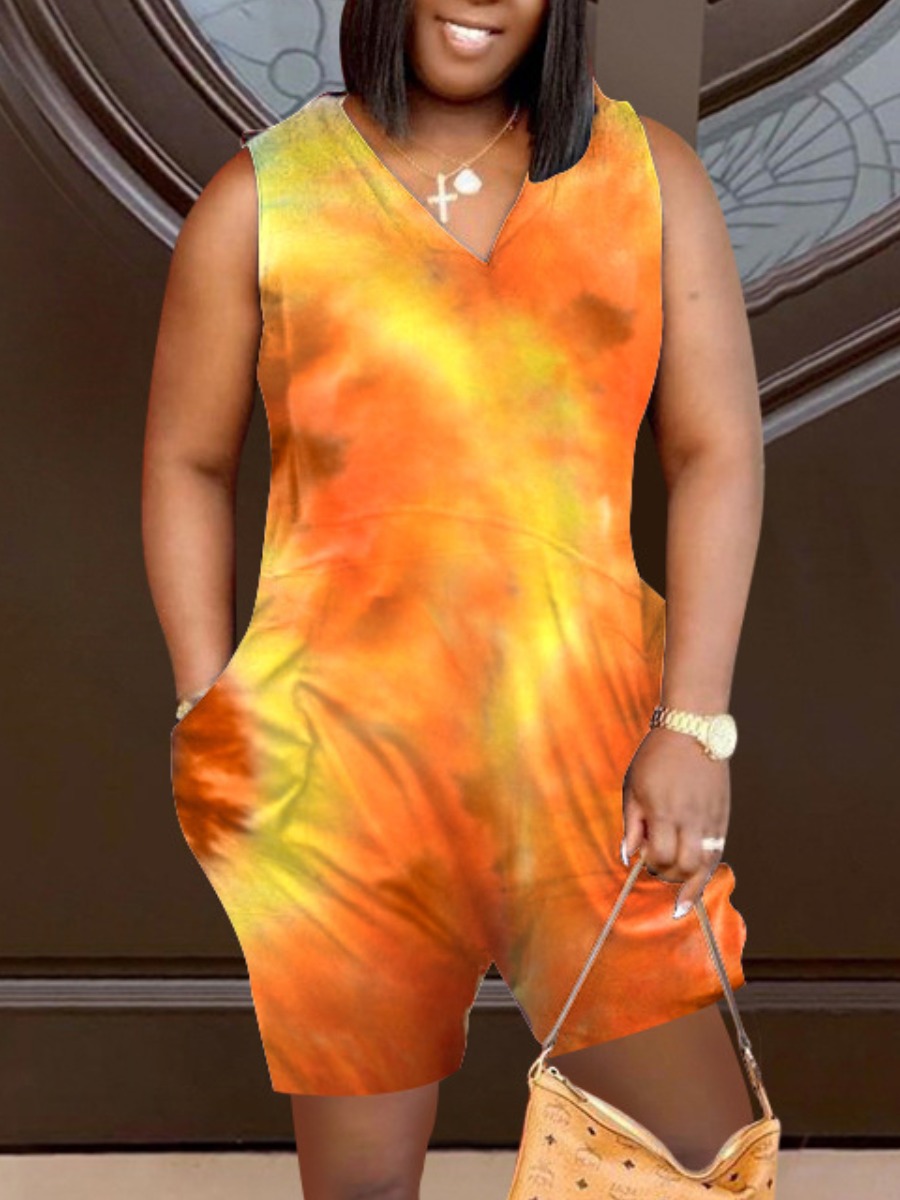 

Lovely Plus Size Casual V Neck Tie-dye Yellow One-piece Romper