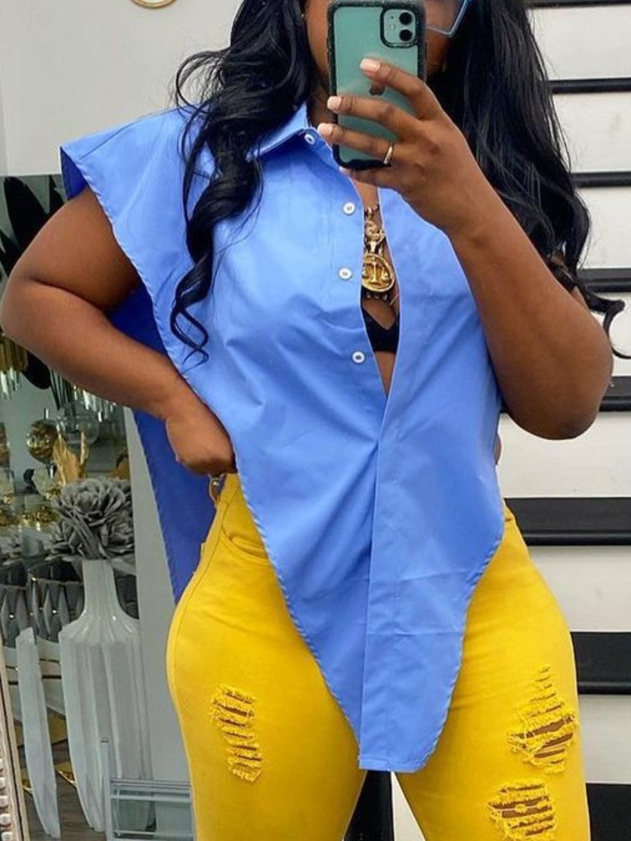 

LW Street Turndown Collar Split Blue Blouse