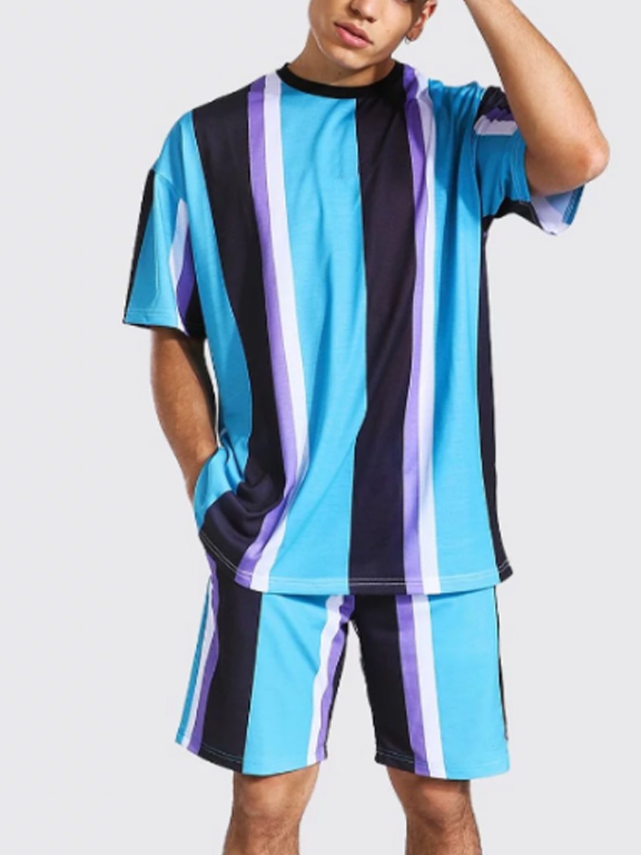 

Lovely Men Casual O Neck Striped Canal Blue Two Piece Shorts Set