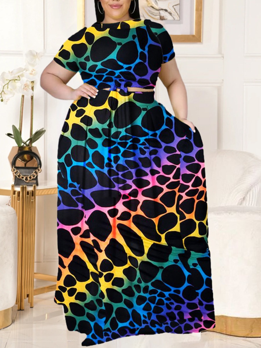 

Lovely Plus Size Boho O Neck Leopard Print Two-piece Skirt Set