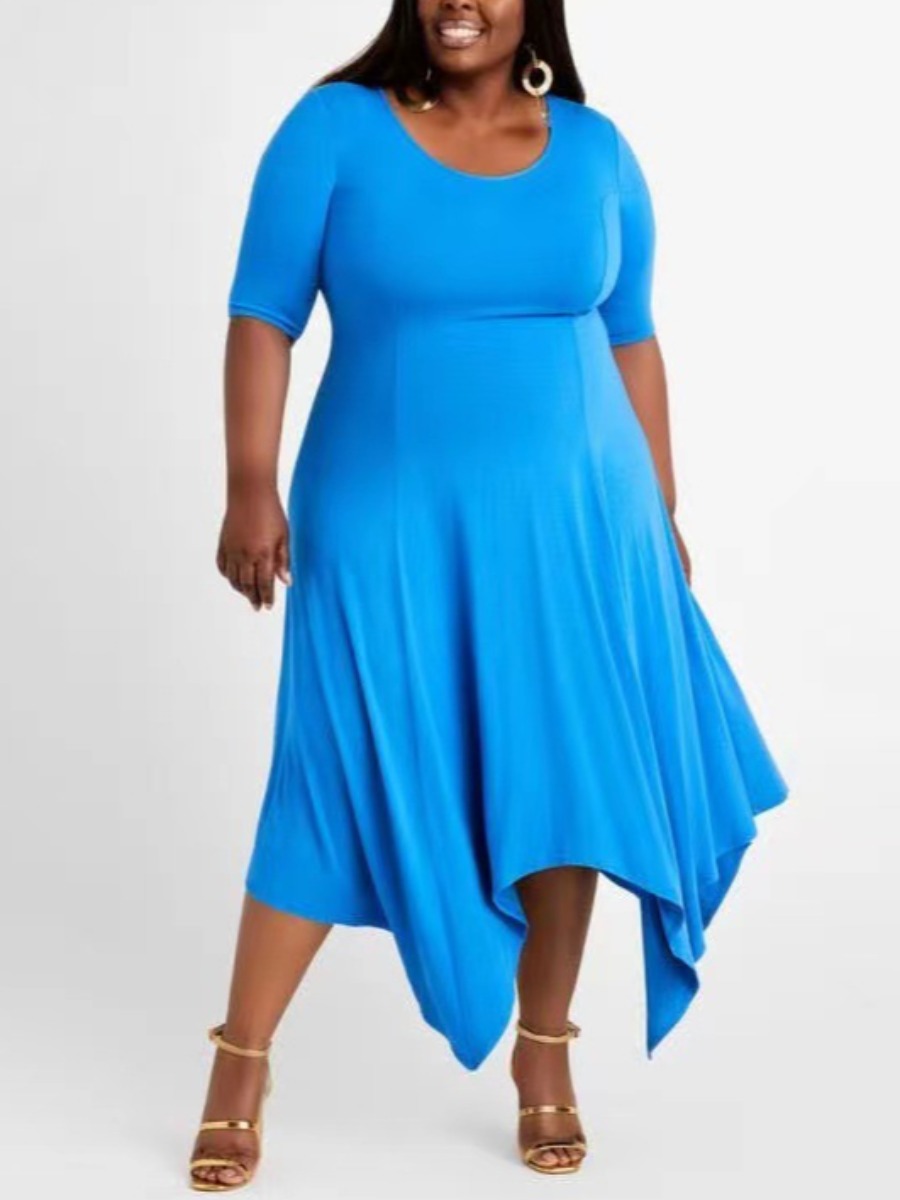 

LW BASICS Plus Size Casual U Neck Skyblue Mid Calf Asymmetrical Dress