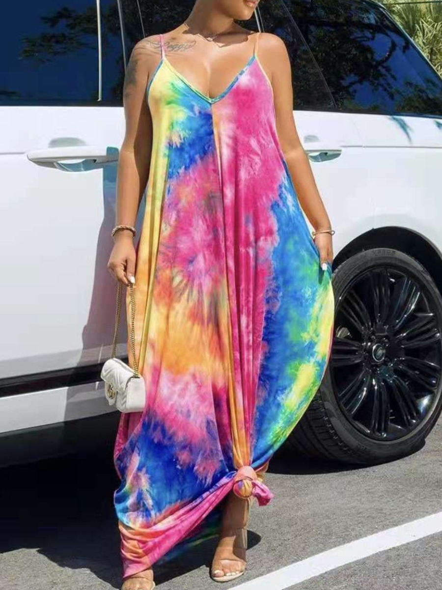 

Lovely Plus Size Boho Tie-dye Fold Design Multicolor Floor Length Dress, Multi