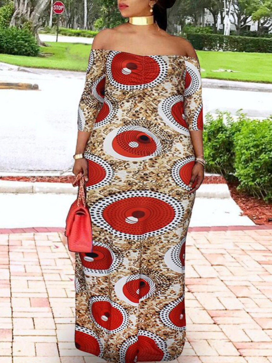 

Lovely Plus Size Boho Off The Shoulder Geometric Print Red Floor Length Dress