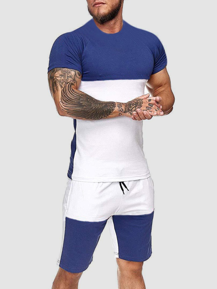 

LW Men Casual Color-lump Drawstring Royalblue Two Piece Shorts Set